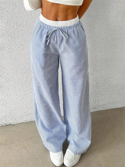 Damen Gestreifte Freizeithose mit Kordelzug und weitem Bein