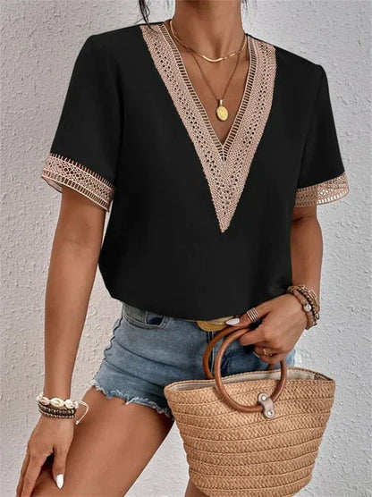 Damen V-Ausschnitt Shirt mit Spitzenbesatz