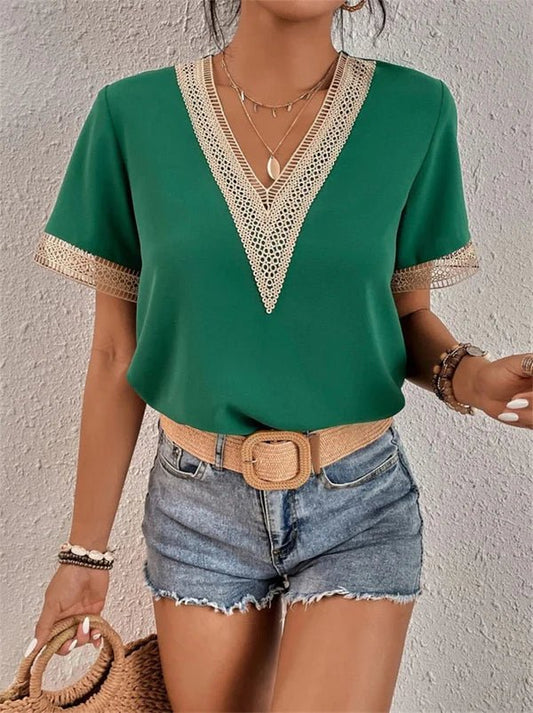 Damen V-Ausschnitt Shirt mit Spitzenbesatz