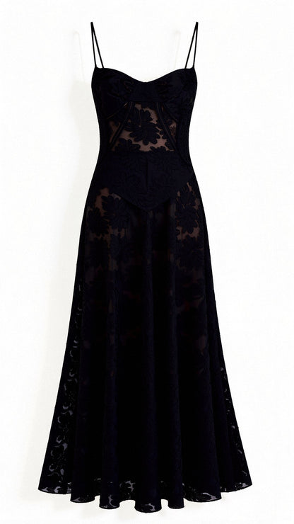 Maxikleid mit Spaghettiträgern und floralen Detail