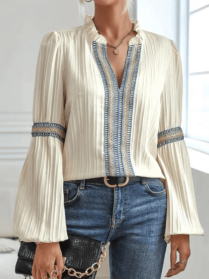 Damen Boho-Bluse mit Stickdetails und weitem Ärmel