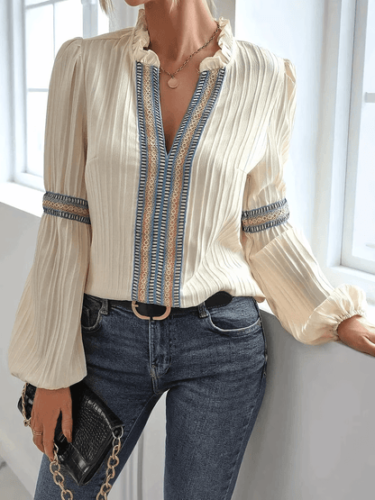 Damen Boho-Bluse mit Stickdetails und weitem Ärmel
