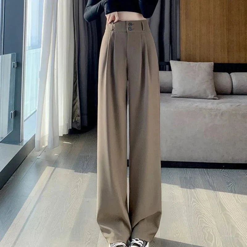 Damen High-Waist Business-Hose mit weitem Bein und Falten-Design