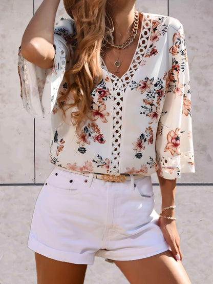 Damen V-Ausschnitt Bluse mit Blumenmuster und halblangen Ärmeln