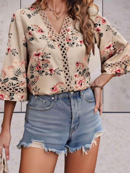 Damen V-Ausschnitt Bluse mit Blumenmuster und halblangen Ärmeln