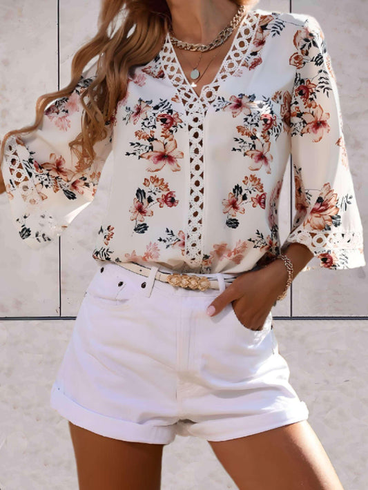 Damen V-Ausschnitt Bluse mit Blumenmuster und halblangen Ärmeln
