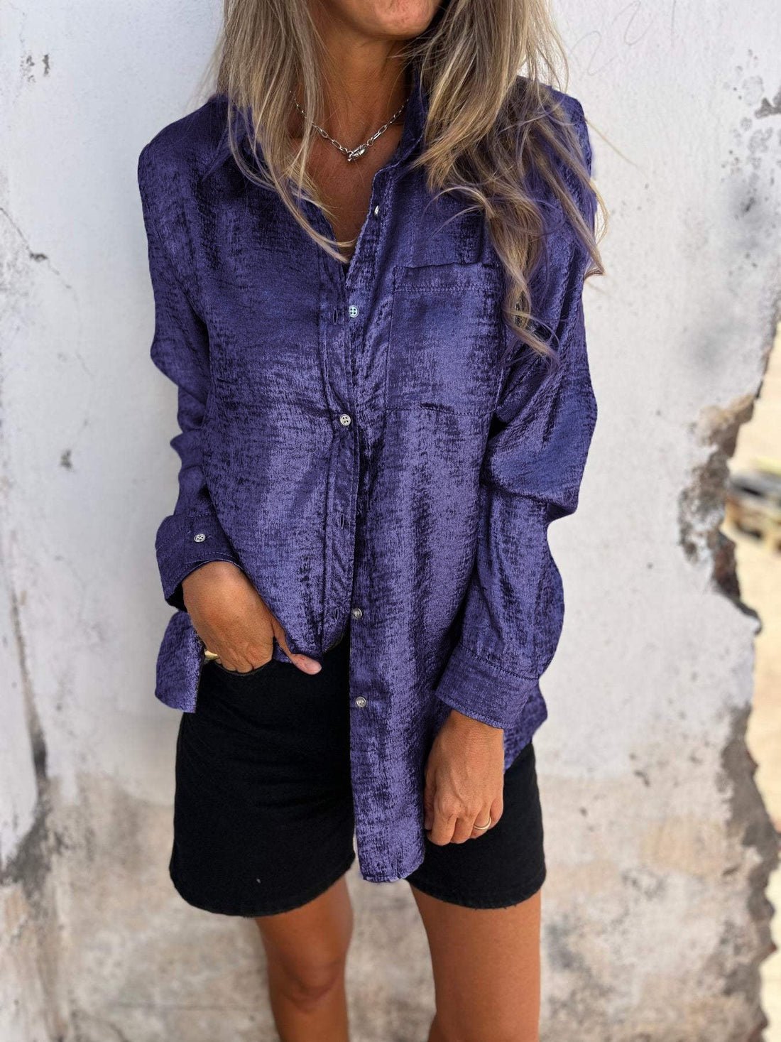 Damen Langarm-Bluse mit Washed-Effekt und Knopfleiste