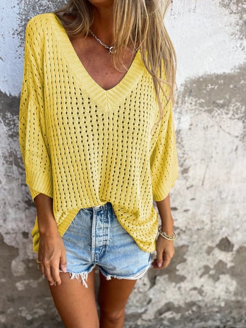 Damen Häkel-Strickpullover mit V-Ausschnitt und weitem Schnitt