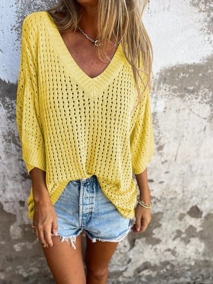Damen Häkel-Strickpullover mit V-Ausschnitt und weitem Schnitt