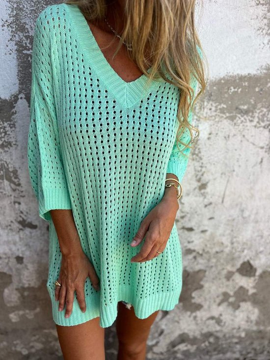 Damen Häkel-Strickpullover mit V-Ausschnitt und weitem Schnitt