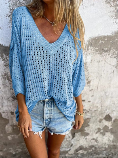 Damen Häkel-Strickpullover mit V-Ausschnitt und weitem Schnitt