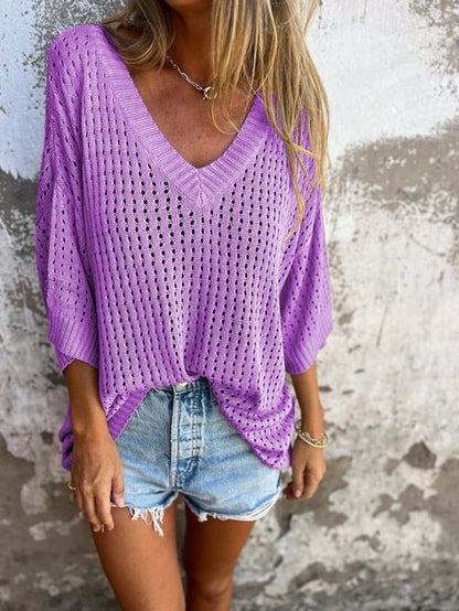Damen Häkel-Strickpullover mit V-Ausschnitt und weitem Schnitt