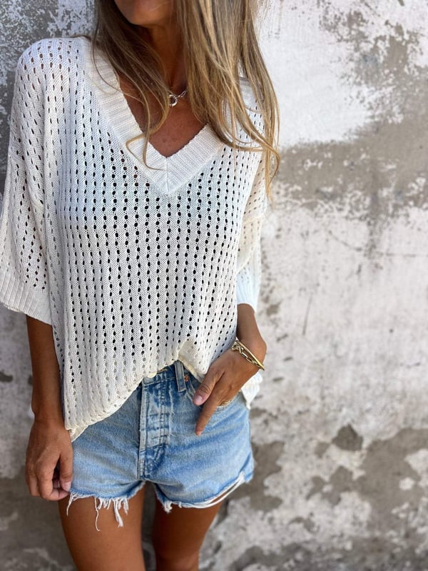 Damen Häkel-Strickpullover mit V-Ausschnitt und weitem Schnitt