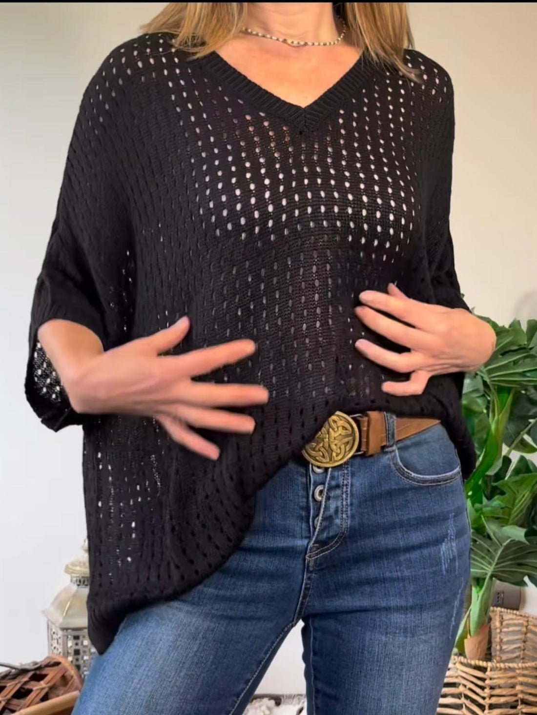 Damen Häkel-Strickpullover mit V-Ausschnitt und weitem Schnitt