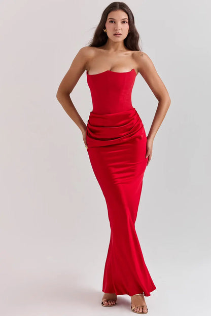 Schulterfreies Satin-Maxikleid mit Drapierung