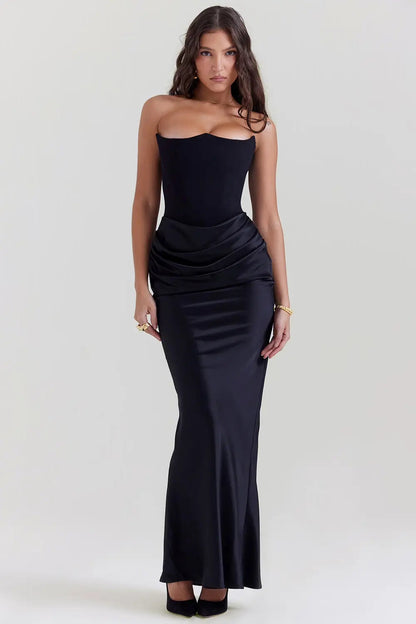 Schulterfreies Satin-Maxikleid mit Drapierung