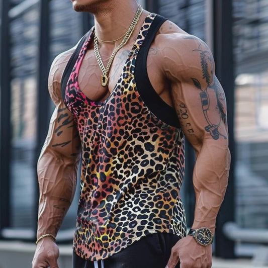 Herren Tanktop mit Leopardenmuster und U-Ausschnitt aus Baumwollmischung