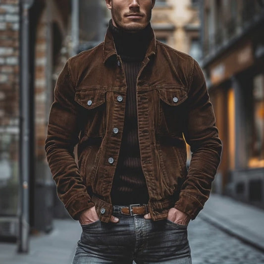 Herren Cordjacke im Vintage-Design mit Knopfleiste und Taschen