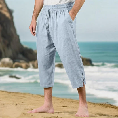 Herren 3/4 Freizeithose aus Baumwoll-Leinen mit elastischem Bund