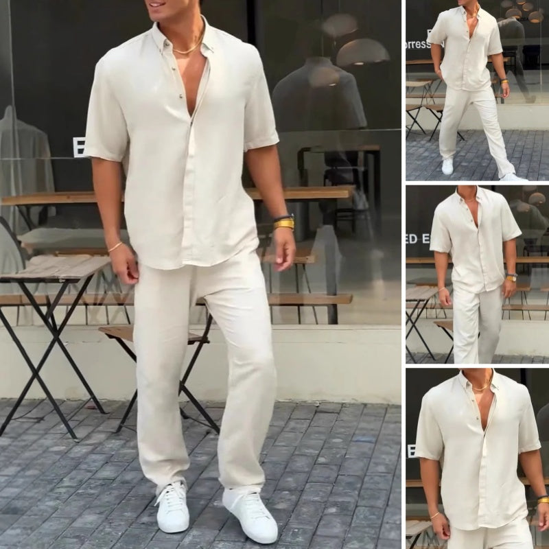 ✨Heißer Verkauf 50 % Rabatt✨Herren-Kurzarmhemden mit einfarbigem Revers ＆ Hosen-2-teiliges Set👔