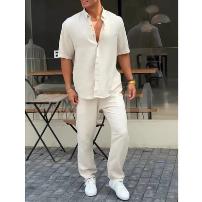✨Heißer Verkauf 50 % Rabatt✨Herren-Kurzarmhemden mit einfarbigem Revers ＆ Hosen-2-teiliges Set👔