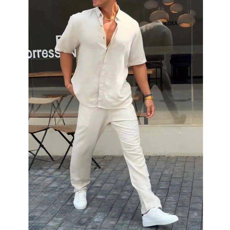 ✨Heißer Verkauf 50 % Rabatt✨Herren-Kurzarmhemden mit einfarbigem Revers ＆ Hosen-2-teiliges Set👔