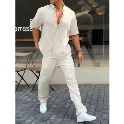 ✨Heißer Verkauf 50 % Rabatt✨Herren-Kurzarmhemden mit einfarbigem Revers ＆ Hosen-2-teiliges Set👔