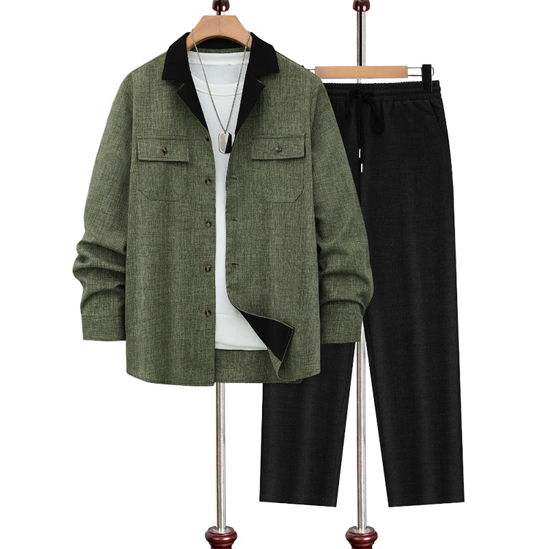 Herren Freizeit--Zweiteiler: Langarmhemd mit Revers & Hose
