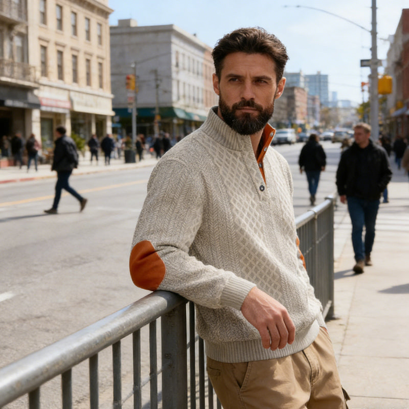 🧥✨ Perfekter Komfort-Pullover für Herren: Robust mit stylischen Ellbogenpatches, nachhaltige Wolle für jeden Tag. ❄️