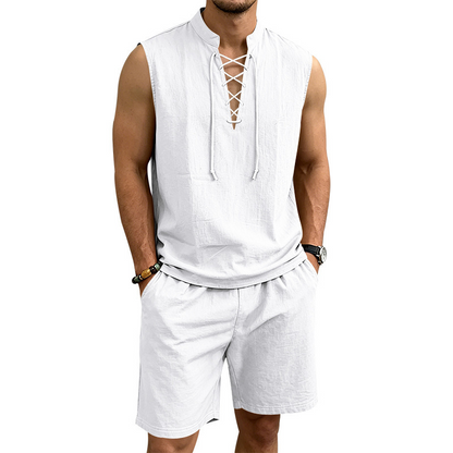 👕 BEFRISTET 50% RABATT! ✨ Herren Leinen-Set – Ärmelloses Top mit Schnürung, Shorts, 7 Farben ☀️