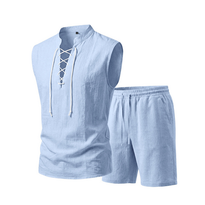 👕 BEFRISTET 50% RABATT! ✨ Herren Leinen-Set – Ärmelloses Top mit Schnürung, Shorts, 7 Farben ☀️